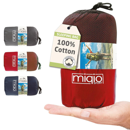 MIQIO® 2in1 cotton sleeping bag with full-length zipper (connectable): Lightweight comfort travel bag and XL travel blanket in one - summer sleeping bag with a liner (red, left)