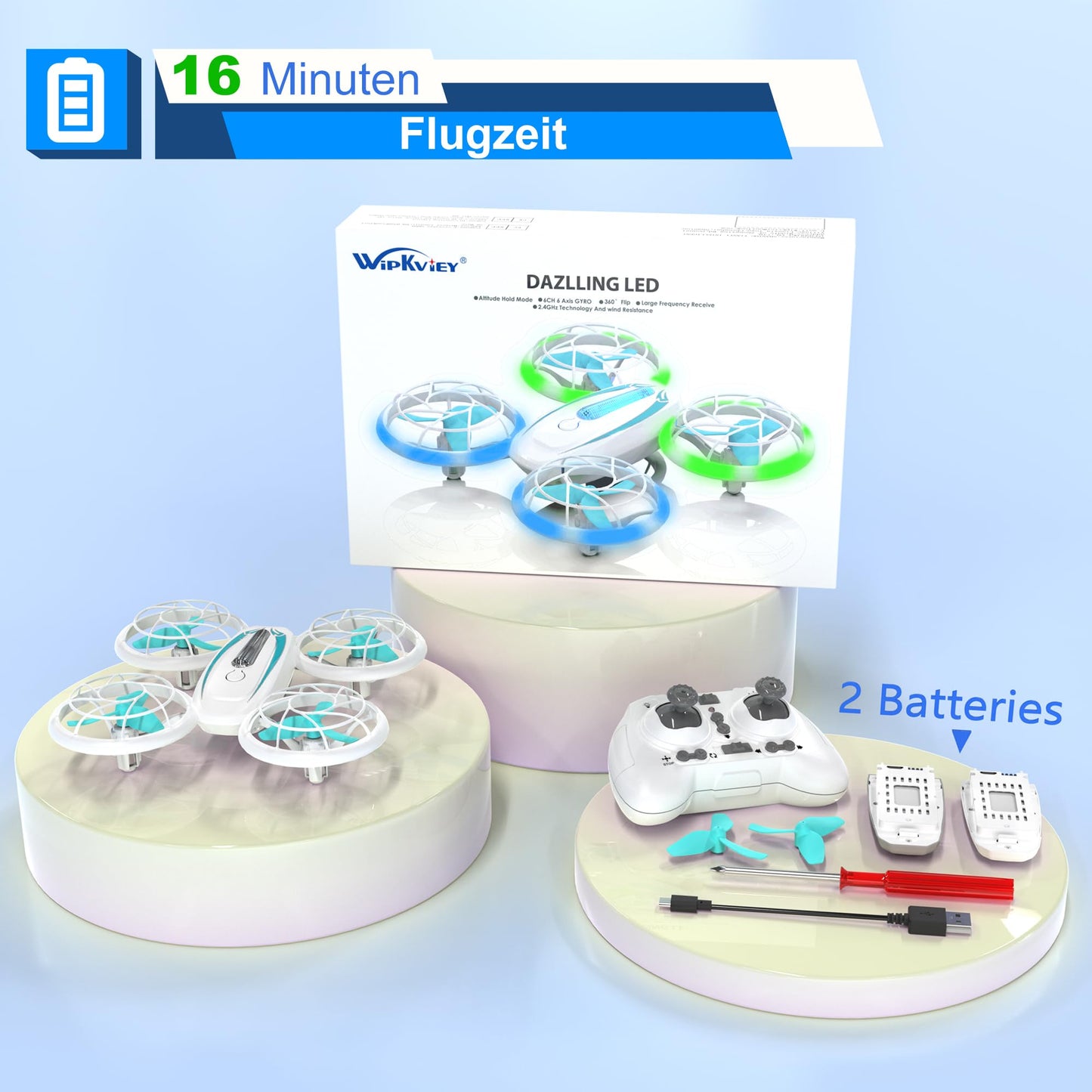 Wipkviey T18 Mini Drone for kids, RC Quadcopter with blue and green lights and 360° flip, RC drones with altitude hold and headless mode for boys girls beginners, 2 batteries.