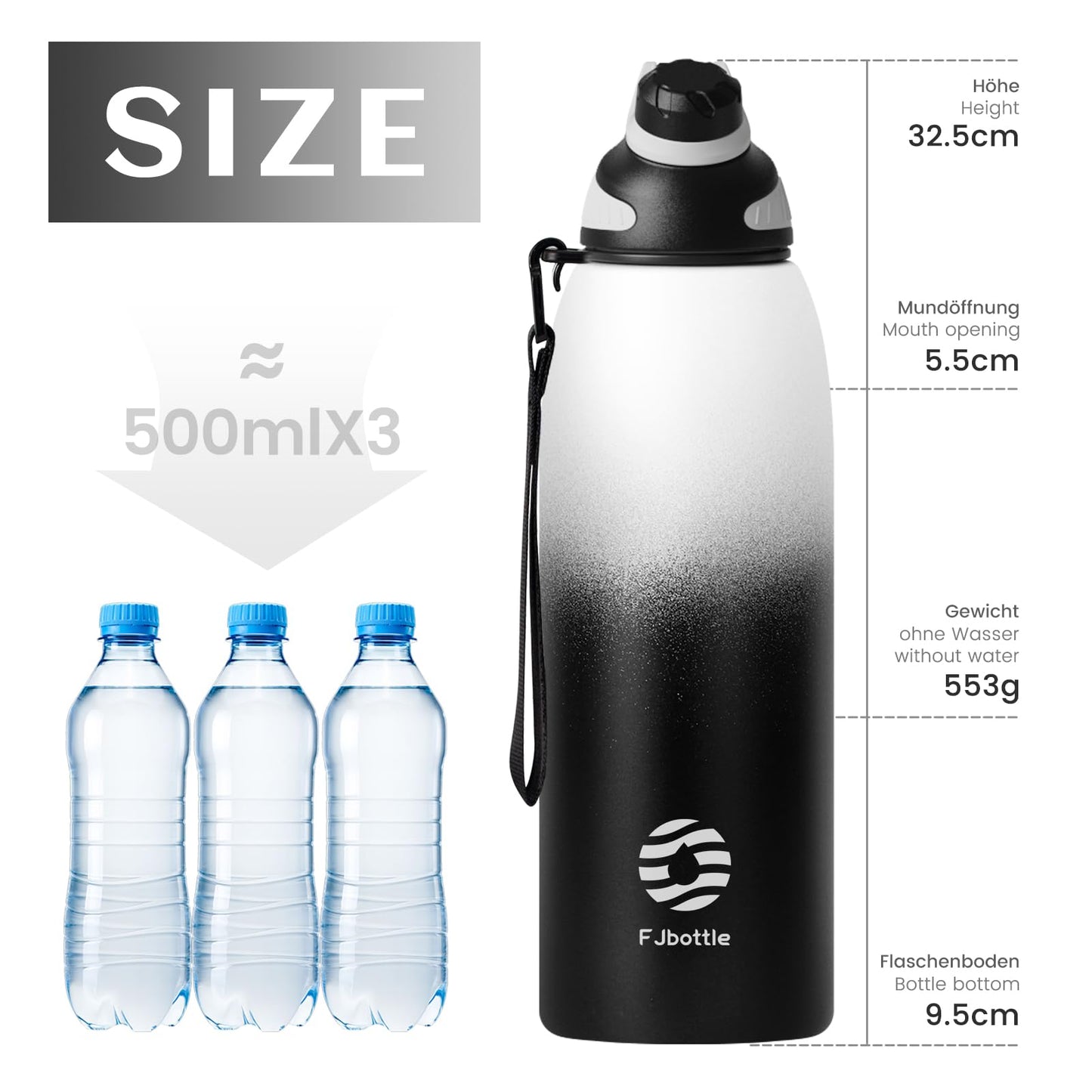 Fjbottle stainless steel sports water bottle with magnetic lid, available in 1L, 800ml, 600ml, and 400ml sizes. BPA-free, leak-proof for kids, and suitable for carbonated drinks. Also offering a 1500ml thermal water bottle for school and fitness.