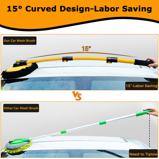 WillingHeart 15° Curve Car Wash Brush with Telescopic Handle RV Car Truck Auto Wash Brush Telescopic 43" Aluminum Microfiber Car Wash Mop Scratch-Free Cleaning Tool Wash Set Detailing Brush