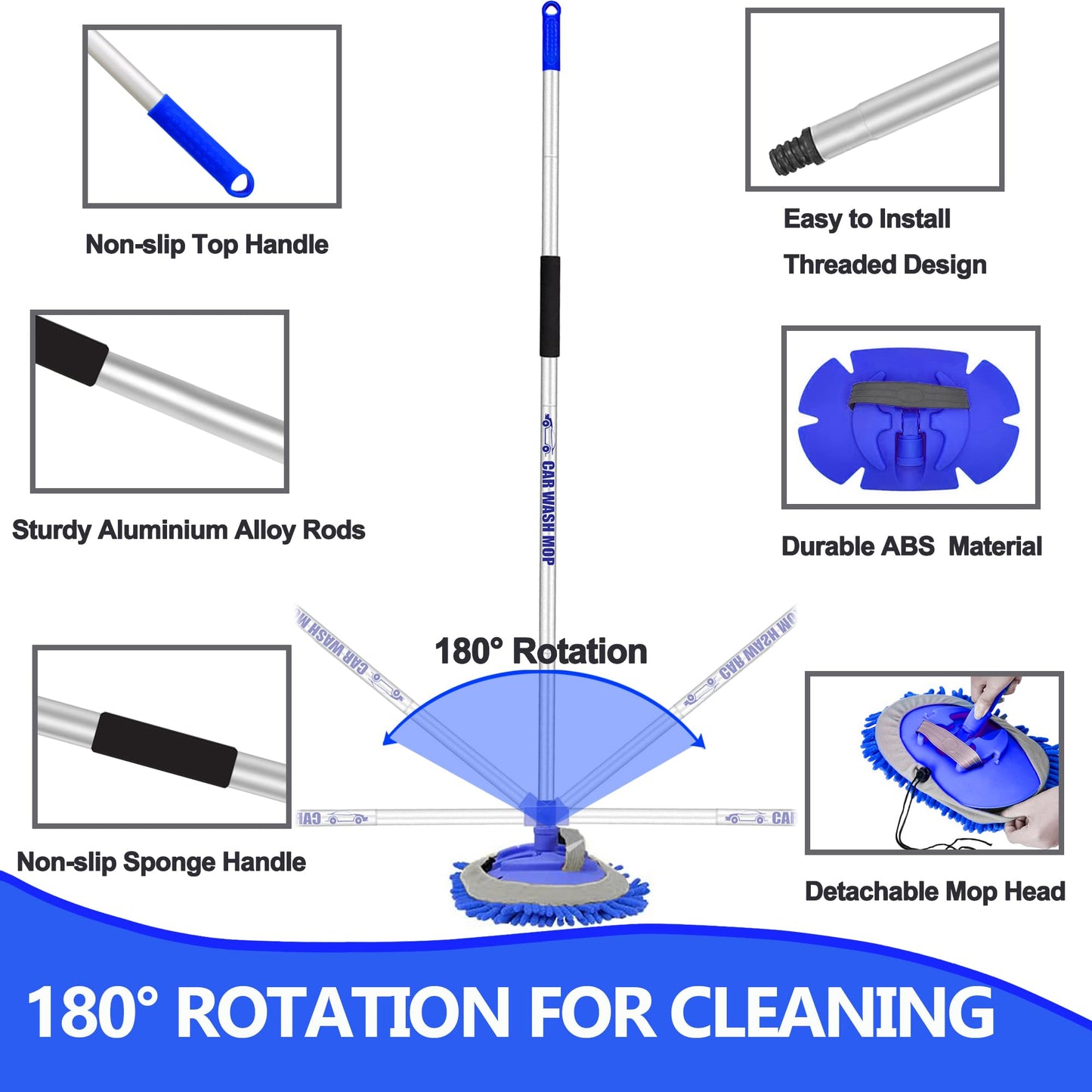 160cm 63" car wash brush with telescopic handle. Brush for motorhome, caravan, truck. Microfiber cleaning brush for car. 2 in 1 anti-scratch telescopic brush. Car brush cleaning set includes 3 replacement mop heads.