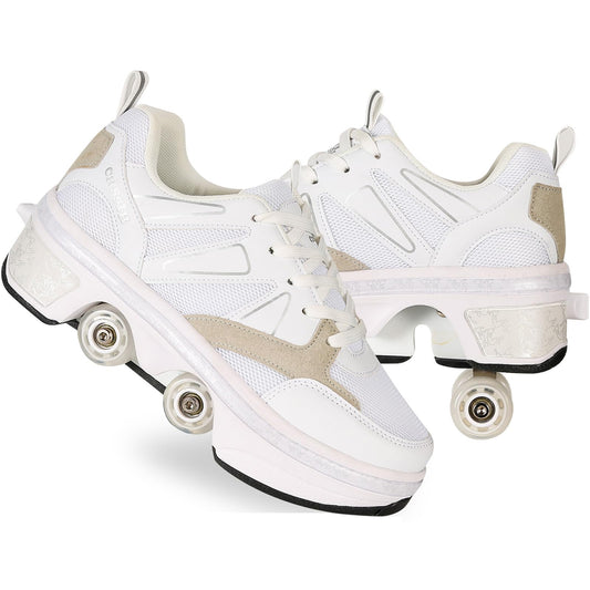 Girls and children roller skates shoes with wheels adjustable quad kick roller skates for women 2 in 1 inline skates deformation sneakers for beginners, gray-41EU