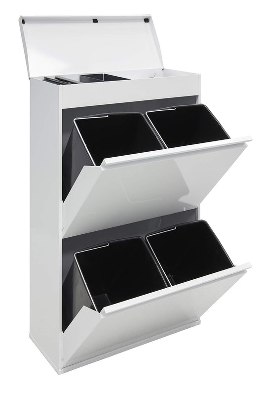 ARREGUI Top CR621-B steel recycling system with storage box and lid | 4 compartments kitchen trash can | 4x17 L (68 L) | Removable inner buckets with handle | white
