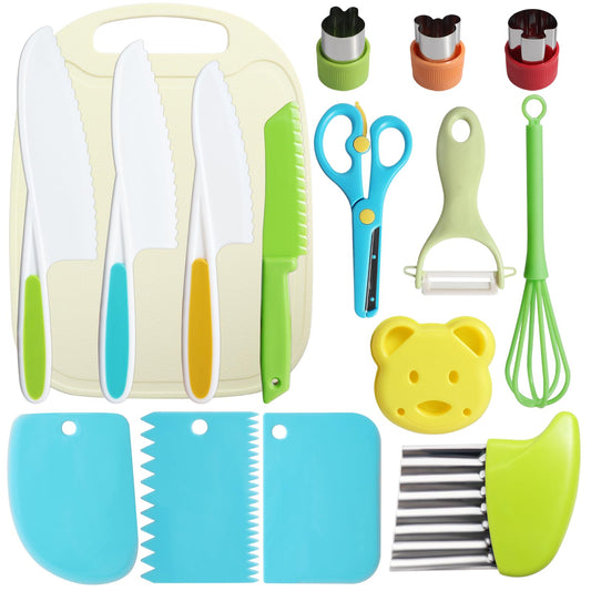 Cevikno Kids Knife Set - Wooden kitchen knife set for toddlers including cutting board, Y-peeler, crinkle-cutter. Montessori child-friendly knife (Yellow).