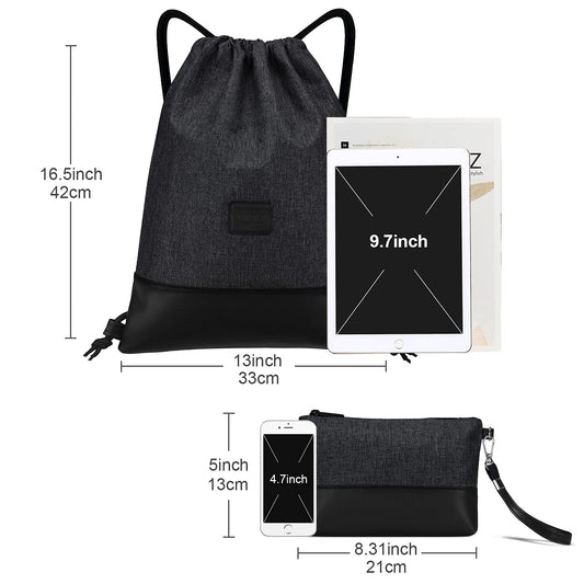 LIVACASA gym bag, made of water-resistant material with leather accents, lined with inner pocket and keychain. Perfect for men and women, this black gymsack includes an outer pocket and money pouch.