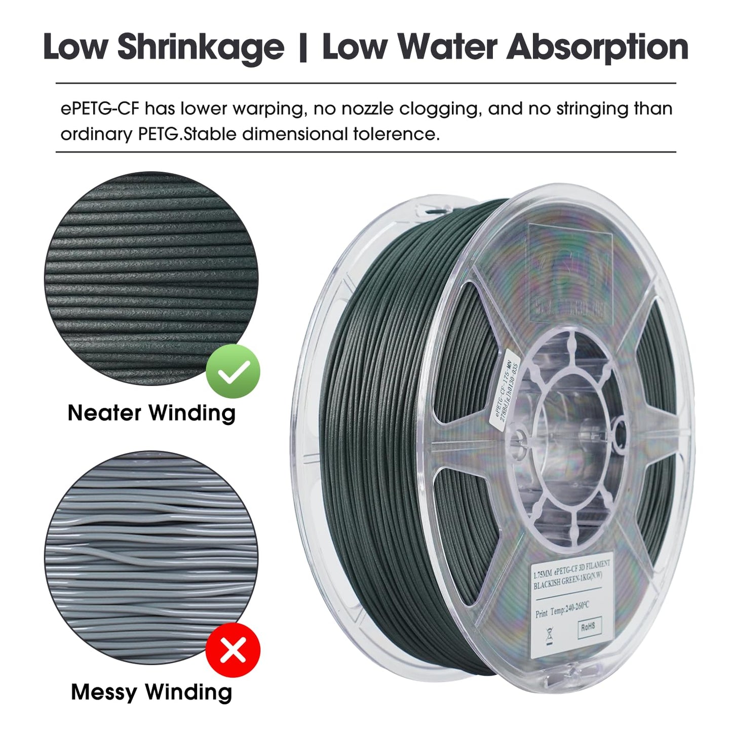 eSUN PETG Filament 1.75mm, PETG-CF carbon fiber filled PETG filament, 1KG spool (2.2 LBS) 3D printing materials for FDM 3D printers, dark green.