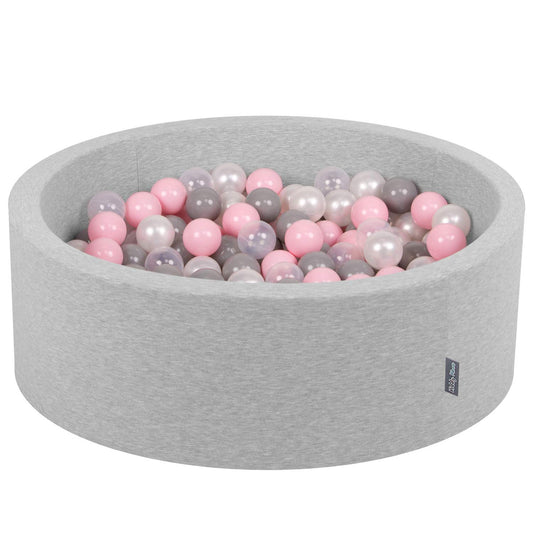 KiddyMoon ball pit 90X30cm/300 balls ∅ 7cm ball pool with colorful balls for girls babies children round, light grey:pearl/grey/transparent/pink