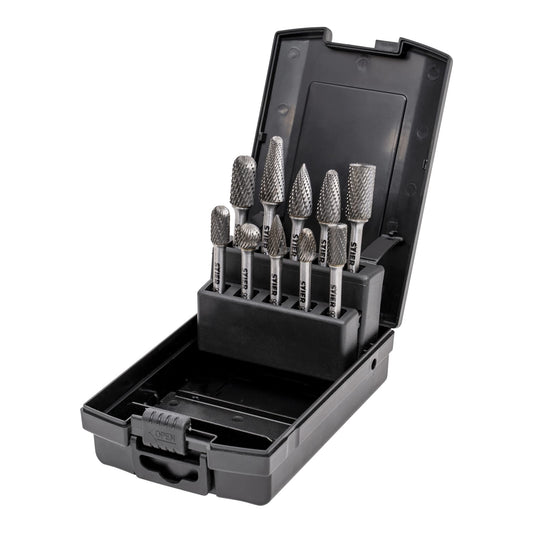 BULL Carbide Burrs Set 10 pcs, 6mm shank diameter, burr shapes: cylinder plain end, ball nose, oval, drop, pointed arch, high cutting speed 840 m/min.