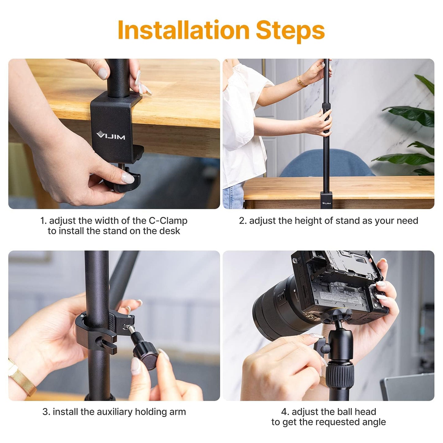 ULANZI LS02 Camera Table Stand, 44cm-105cm Adjustable, Overhead Tripod for Streaming & Gaming, Light Stand with Boom Arm, Clamp Stand with 360° Ball Head for Camera/Ring Light
