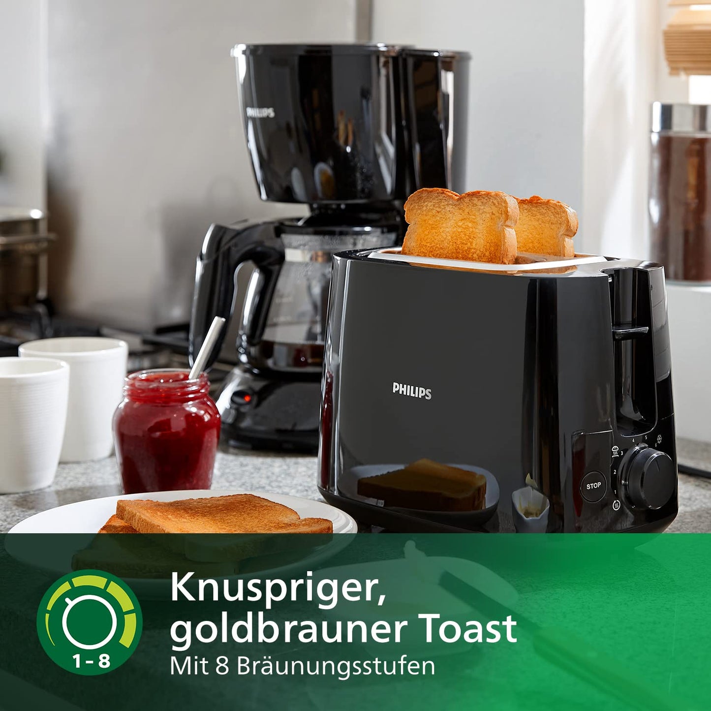 Philips Toaster - 2 toast slots, 8 settings, bun warmer, defrost function, lift function, automatic shut-off, black (HD2581/90)