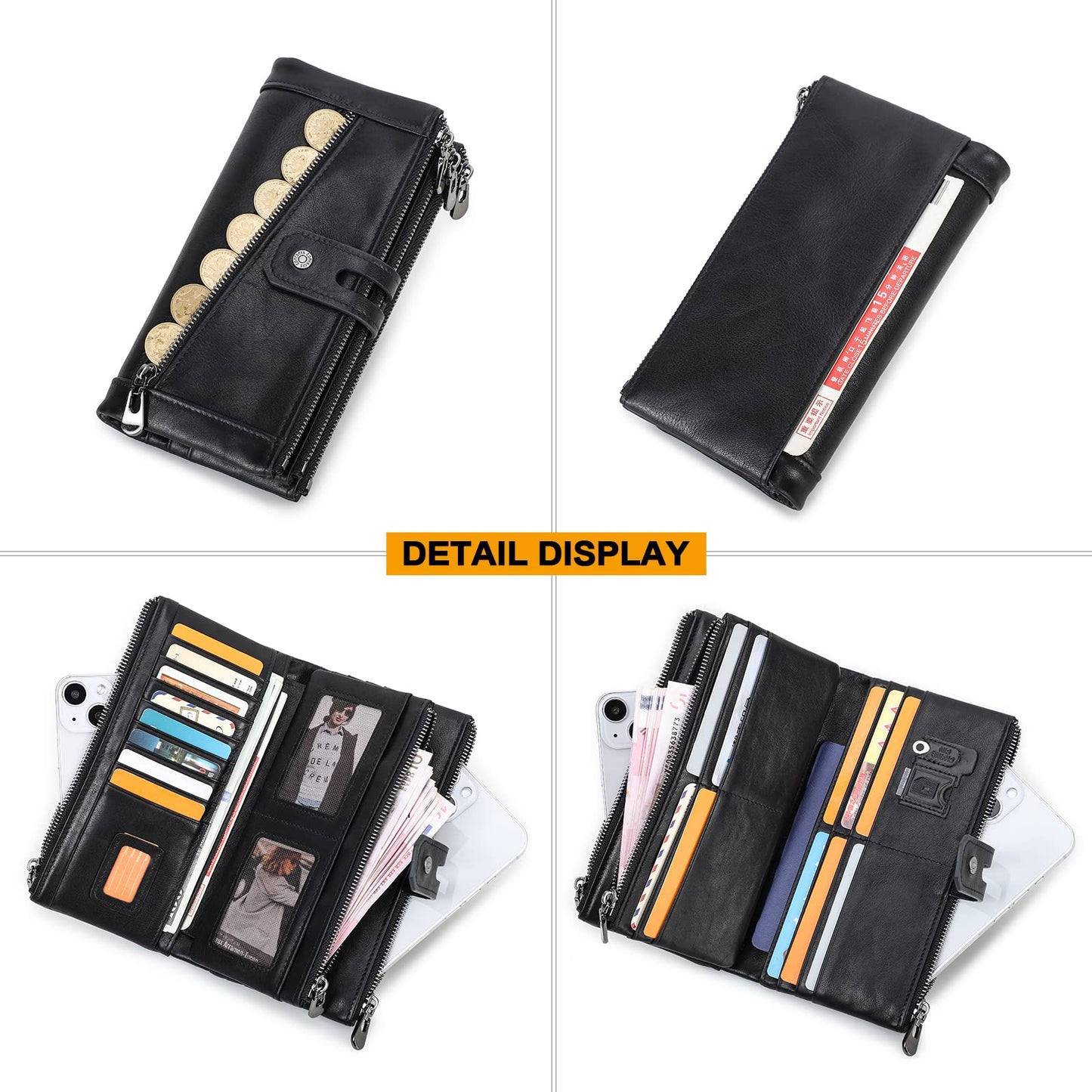 CONTACTS RFID Women's Zipper Wallet-Lady Card Coin Holder Phone Clutch Purse Genuine Leather (Black)