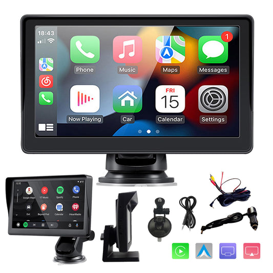 Sunweyer Wireless Carplay & Android Auto Screen, portable car radio, 7-inch IPS touchscreen display, supports 1080p backup camera & Bluetooth/AUX/FM transmitter.
