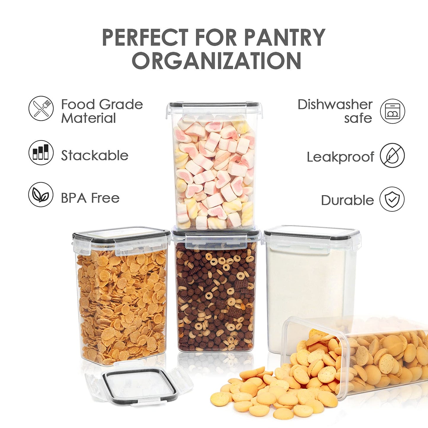 Vtopmart 2L Storage Container Set, Cereal Dispenser & Food Storage Containers, BPA free plastic, airtight, dry food storage container, set of 9, 24 labels for grains, flour, sugar, etc. (Black)