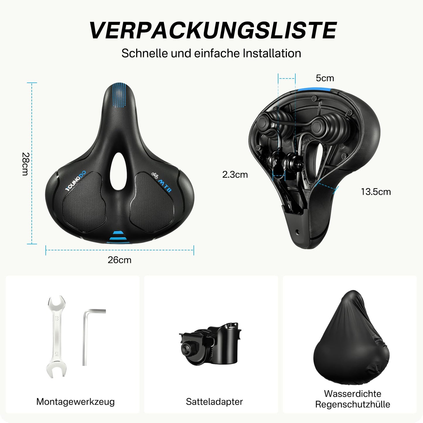 YOUNGDO bicycle saddle, gel bike seat, soft, comfortable, breathable, shock-absorbing, Ergonomic bike saddle with waterproof cover.