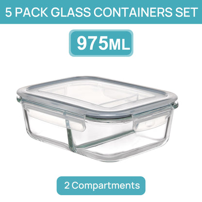 Vtopmart 5Pack 975ml Meal Prep Boxes, Glass Containers with Lid, Glass Food Storage Containers with Lid for Microwave, Oven, Freezer, and Dishwasher.