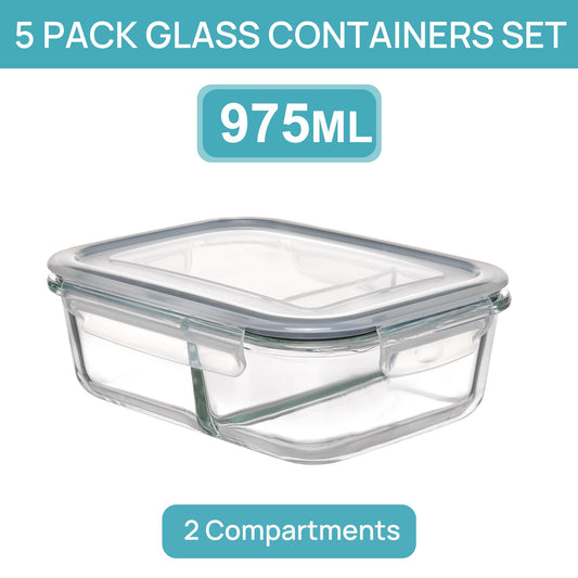Vtopmart 5Pack 975ml Meal Prep Boxes, Glass Containers with Lid, Glass Food Storage Containers with Lid for Microwave, Oven, Freezer, and Dishwasher.