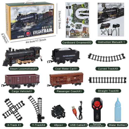 Ulikey Electric Train Set for Kids, Electric Train Toy with Sounds and Light, Steam Locomotive Train with Smoke, Rechargeable Classic Remote Control Trains for Boys 4 5 6 7 8 9 10