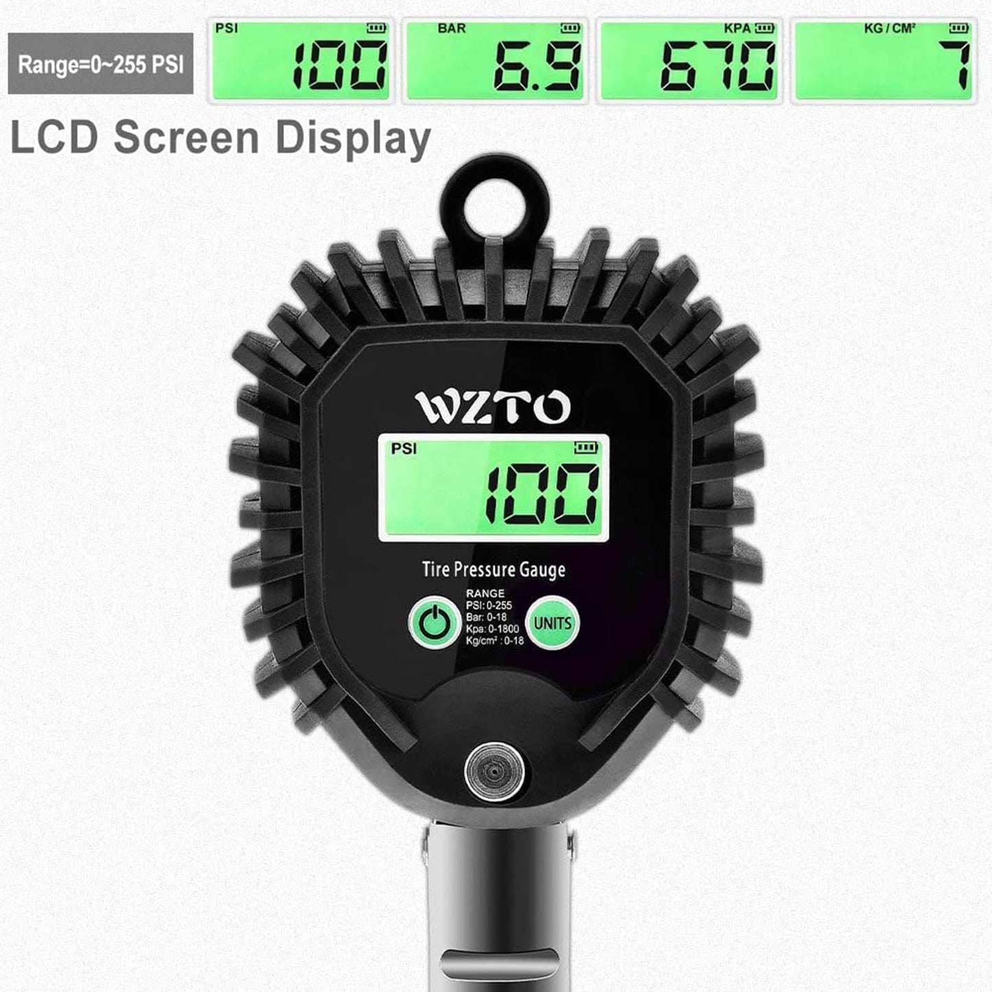 WZTO Digital Tire Pressure Gauge and Inflator, Calibrated air pressure gauge 255 PSI High Precision Tire Pressure Gauge with LCD screen for all vehicles, trucks, motorcycles (US & EU Standard Connection)