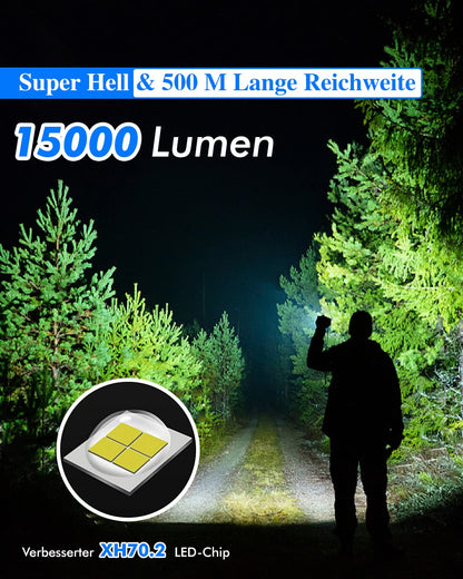 LED flashlight 15000 lumens, battery operated USB rechargeable, XHP70.2 LED flashlight extremely bright, tactical with holster, waterproof 5 light modes flashlights