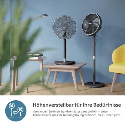 PHILIPS Smart Stand Fan Series 3000. Powerful & extremely quiet SilentWings technology. 19 dB. 2-in-1 table & stand fan. Adjustable tilt & oscillation. App control. 12-hour timer. Black (CX3550/01)