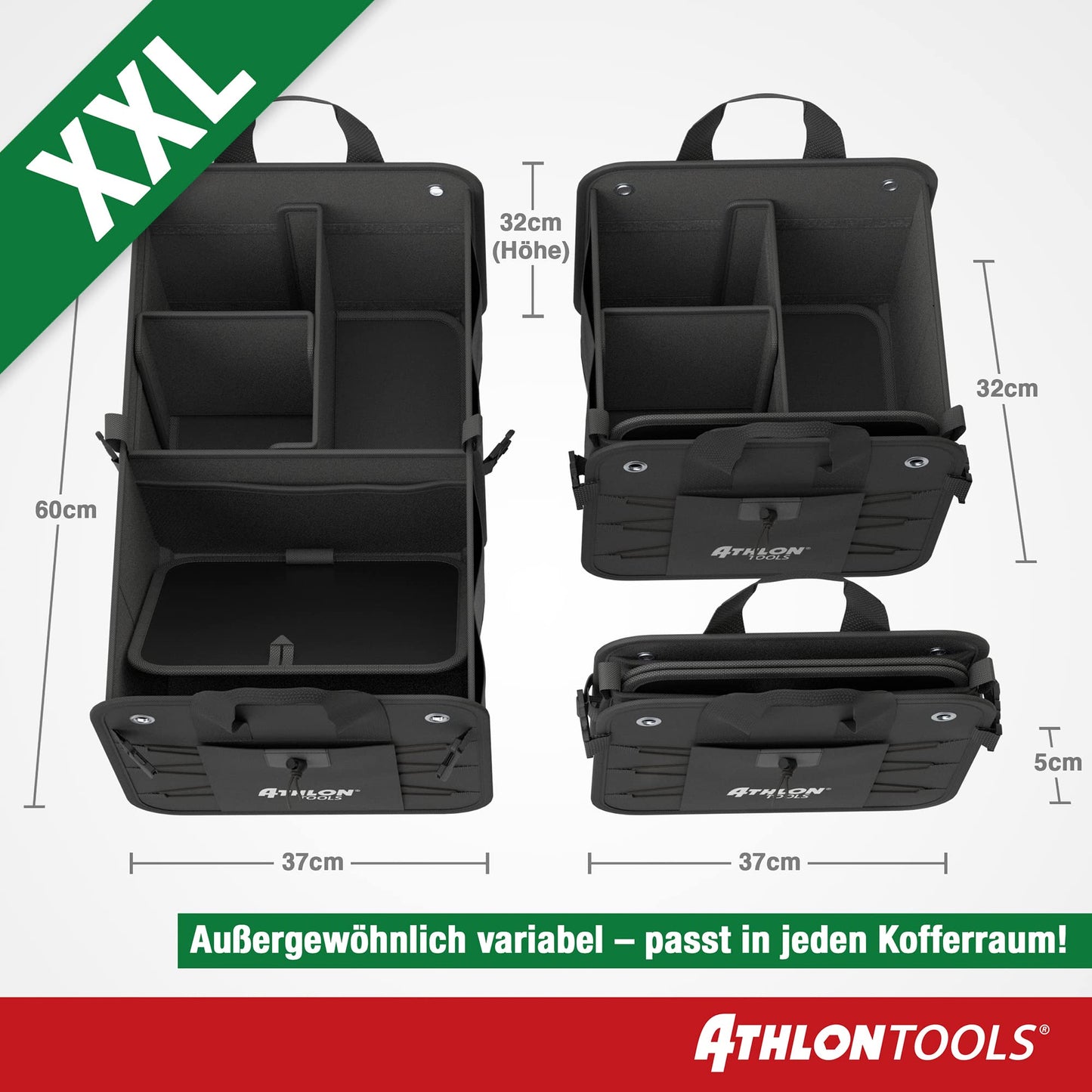 ATHLON TOOLS Premium trunk bag with lid - 60 liter XXL trunk organizer - extra sturdy & waterproof bottoms - food-safe - with anti-slip velcro