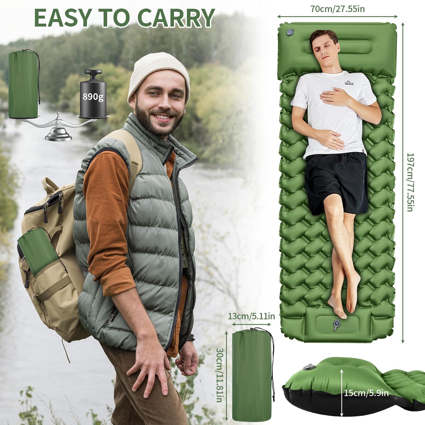 Cirulli Camping Self-Inflating Sleeping Pad, Ultralight Air Mattress with Integrated Pillow, Foot Pump for Quick Inflation, Portable Foldable Air Mattress, Outdoor Single Airbed.
