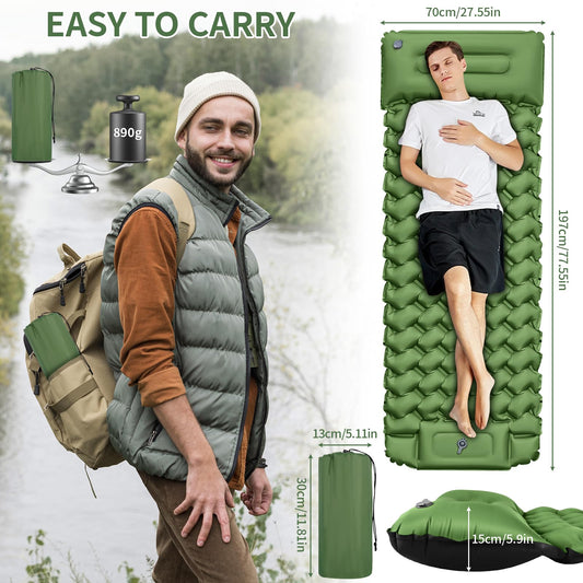 Cirulli Camping Self-Inflating Sleeping Pad, Ultralight Air Mattress with Integrated Pillow, Foot Pump for Quick Inflation, Portable Foldable Air Mattress, Outdoor Single Airbed.