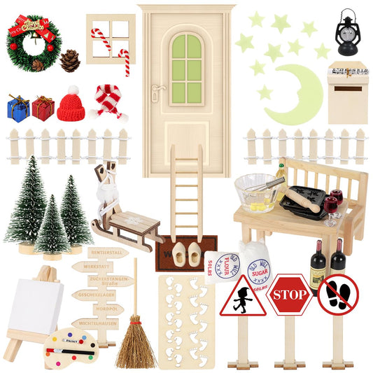 65pcs Elf Door Set with Letters, Elf Accessories Glow in the Dark Complete Set, Fairy Door Baking Site Easel, Advent Calendar Fairy Door Craft Set Elf House DIY Gifts