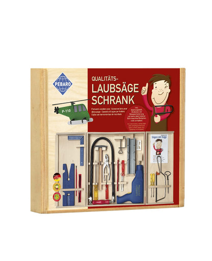 Pebaro 408PL quality fret saw cabinet, 28 pieces, complete set in wooden cabinet, steel tools, fret saw bow made in Germany, drilling machine, crafting with wood, fret sawing, gift idea for children.