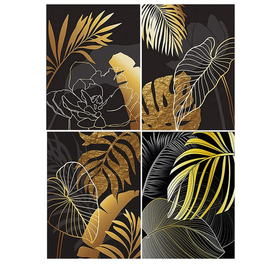 4 pieces of Diamond Painting Leaves 40x50 cm Diamond Painting Leaves Gold and Black Diamond Painting Pictures Modern Style Diamond Art Minimalism for Living Room Embroidery Kit Adults Stickers