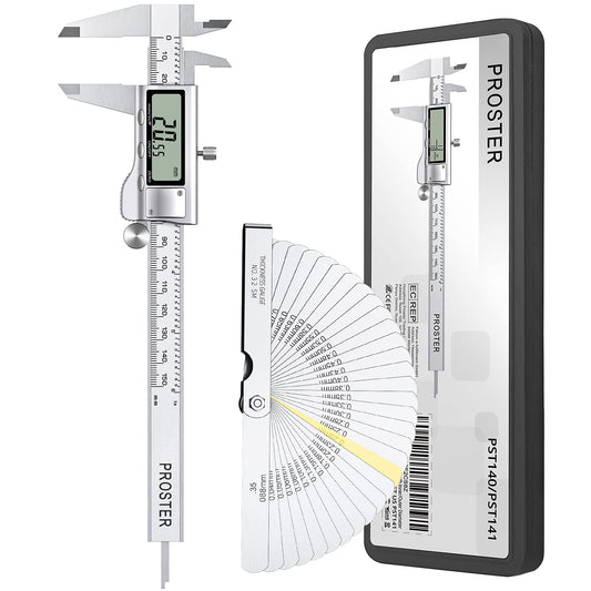 Proster Digital Caliper 6 Inch / 150mm + 32 Feeler Gauge Digital Vernier Caliper Electronic Measuring Tool Inch/Fractions/Metric Caliper for Length Width Depth Inner/Outer Diameter