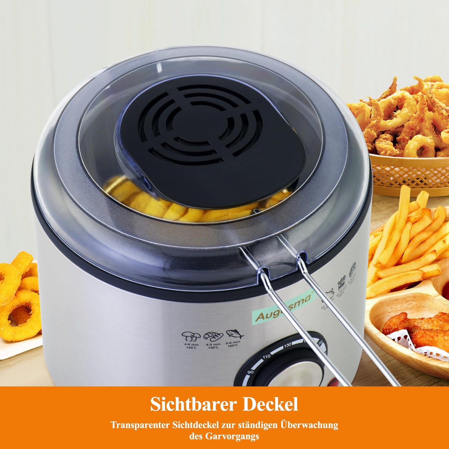 Augosma Mini Deep Fryer With Oil | 850-950W | Capacity: 1 liter | Viewing window | Stainless steel frying basket | Adjustable temperature | Heat insulated | Non-slip rubber feet | White