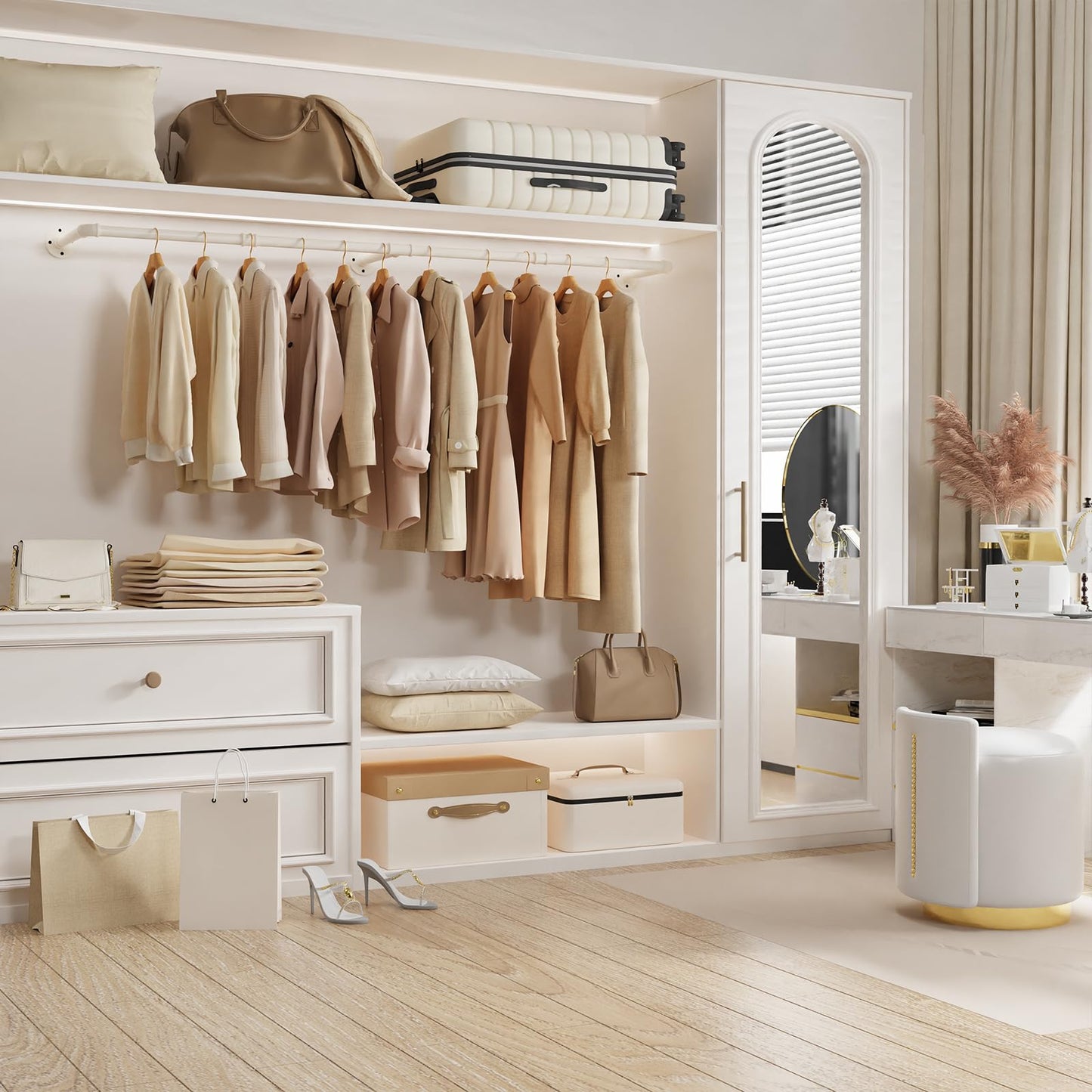 Yawinhe industrial pipe clothing racks, 180cm wall-mounted clothes hangers, space-saving wall shelf kitchen rack with 3 bases, for business, cream color, 2-pack, YMG004W-2.