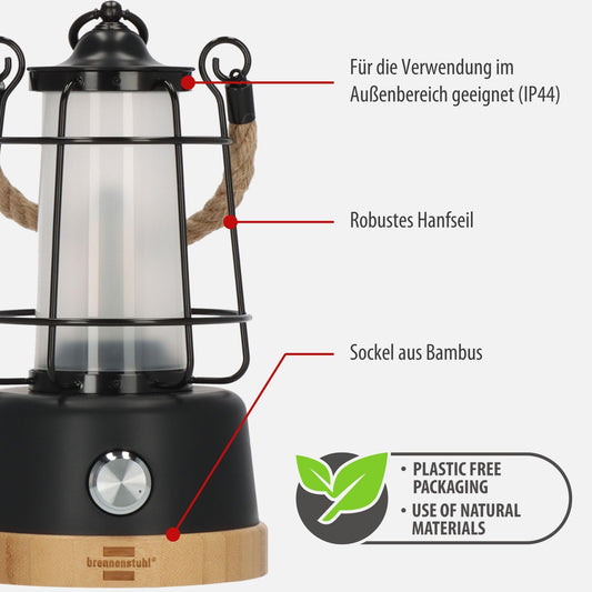 Brennenstuhl LED Battery Camping Lantern CAL 1 AC (350lm, IP44, up to 75h battery life, dimmable, adjustable color temperature, rechargeable USB C outdoor lamp with hemp rope and bamboo base)