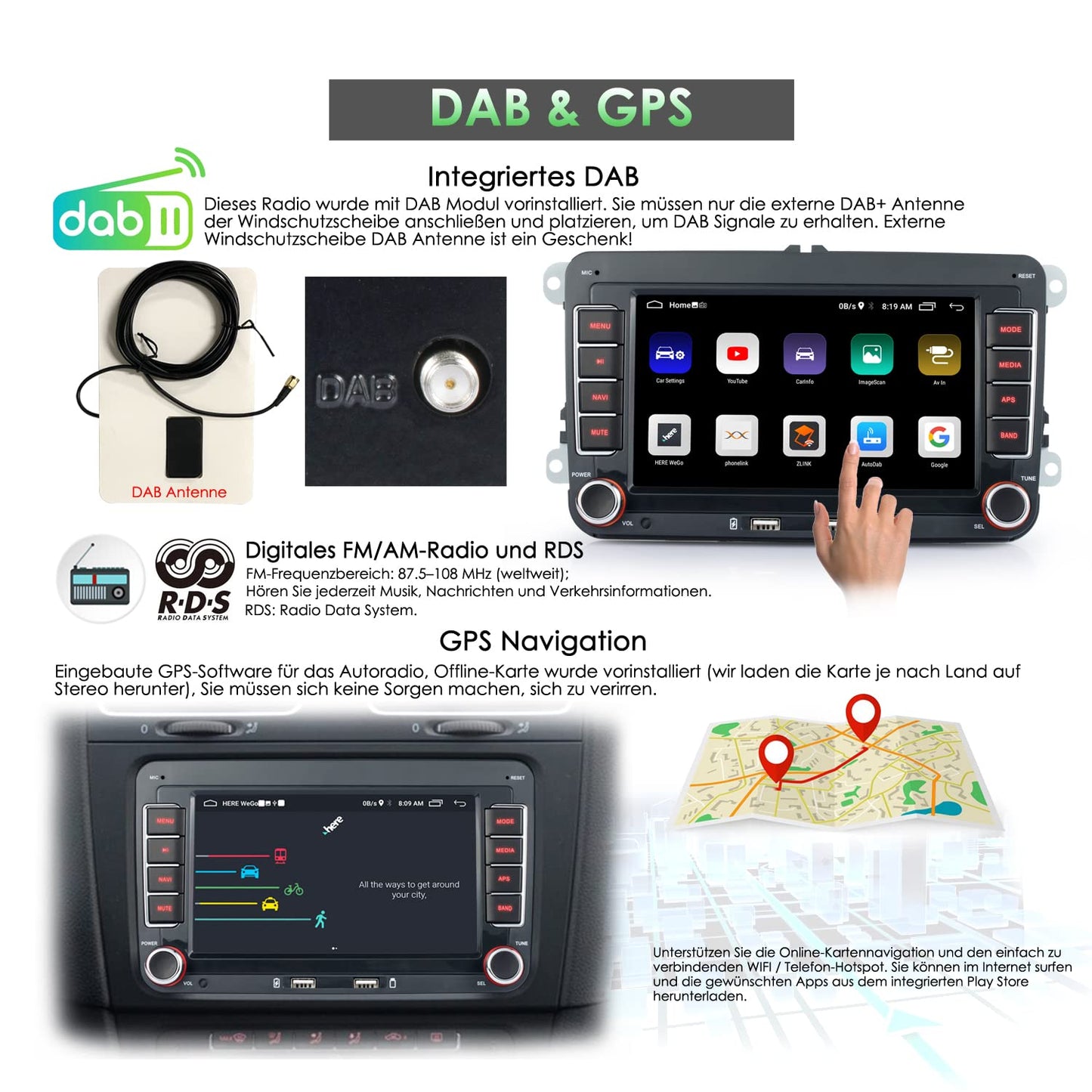 iFreGo 7 inch Android car stereo with built-in DAB+ and Carplay, 2 Din Car Radio for VW Golf, Skoda, Seat. Features Bluetooth, FM Radio, USB, reverse camera, WiFi, steering wheel control, and 7-color lighting.