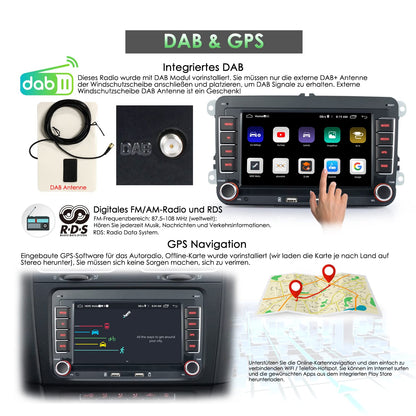 iFreGo 7 inch Android car stereo with built-in DAB+ and Carplay, 2 Din Car Radio for VW Golf, Skoda, Seat. Features Bluetooth, FM Radio, USB, reverse camera, WiFi, steering wheel control, and 7-color lighting.
