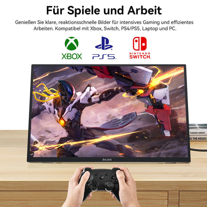 Jhcztrk 18.5 inch portable monitor 120Hz FHD 1080P HDMI USB-C, 100% sRGB, HDR gaming monitor. Built-in speakers, kickstand, and VESA travel. Ideal second screen for laptop, Mac, PC, Xbox, PS4/5, Switch.