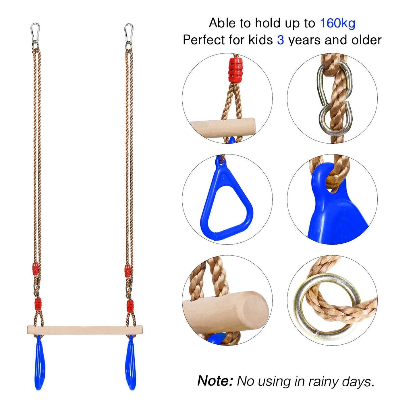 PELLOR Multifunctional Children's Wooden Trapeze Swing with Plastic Gymnastic Rings for Hanging, holds up to 160KG