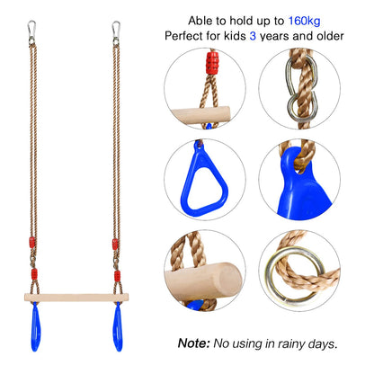 PELLOR Multifunctional Children's Wooden Trapeze Swing with Plastic Gymnastic Rings for Hanging, holds up to 160KG