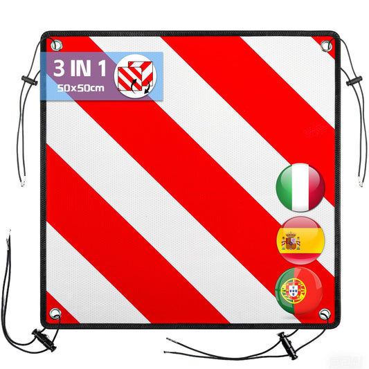Sorlpv 3 In 1 Warning sign for Italy, Spain, Portugal. Aluminum Reflective Warning Sign 50x50CM with tension ropes & corner protectors. Certified for bike racks, rear carrier, trailer, car, motorhome - 1 piece.