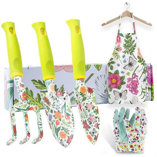 STANEW Garden Tools Set, High Performance Aluminum Gardening Supplies, Outdoor Gardening Gear for Women with Flower Print, 5 PCS including Trowel, Hand Rake, Transplanter, Gloves, Apron
