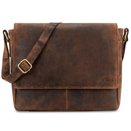 LEABAGS leather messenger bag for men & women I genuine leather laptop bag up to 14 inches I messenger bag with shoulder strap I shoulder bag I work bag I tote bag I handbag I vintage red-brown.