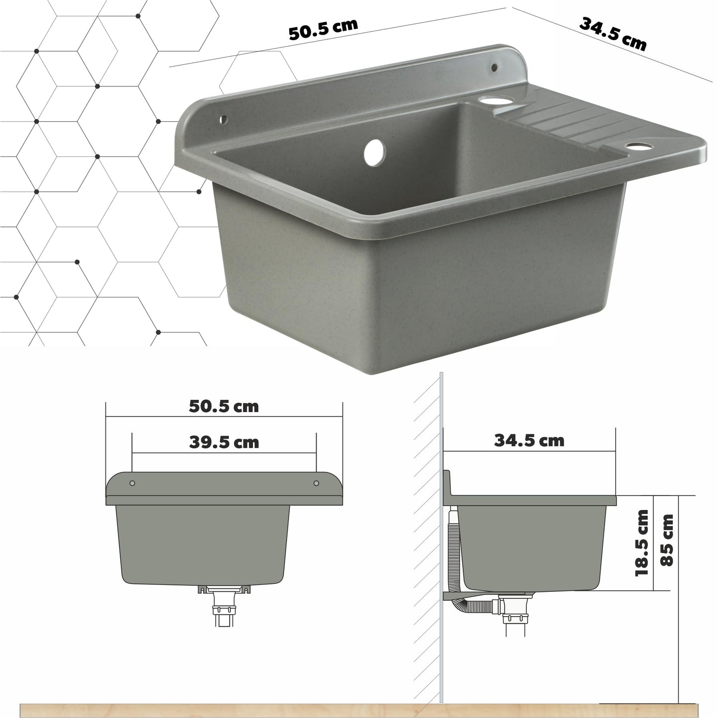 GOSPO Polypropylene sink, 50.5 x 34 x 26.5 cm, with faucet, siphon, soap dispenser, household utility sink (Grey)
