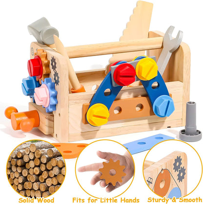 hifunti Tool Set Kids Workbench Montessori Toy from 2 Years Wooden Toolbox Gifts for 2 3 4 Year Old Boys Girls with Apron Learning Games Children's Toys from 3 4 Years (39 Pieces)