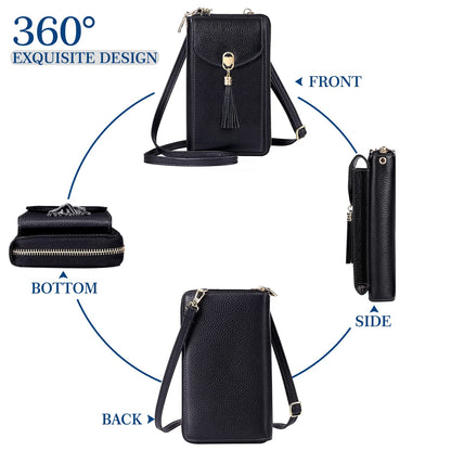 BTNEEU crossbody phone purse for women is made of leather with RFID protection. It features 12 card slots, adjustable shoulder strap, and can hold your phone and wallet securely. Available in black.