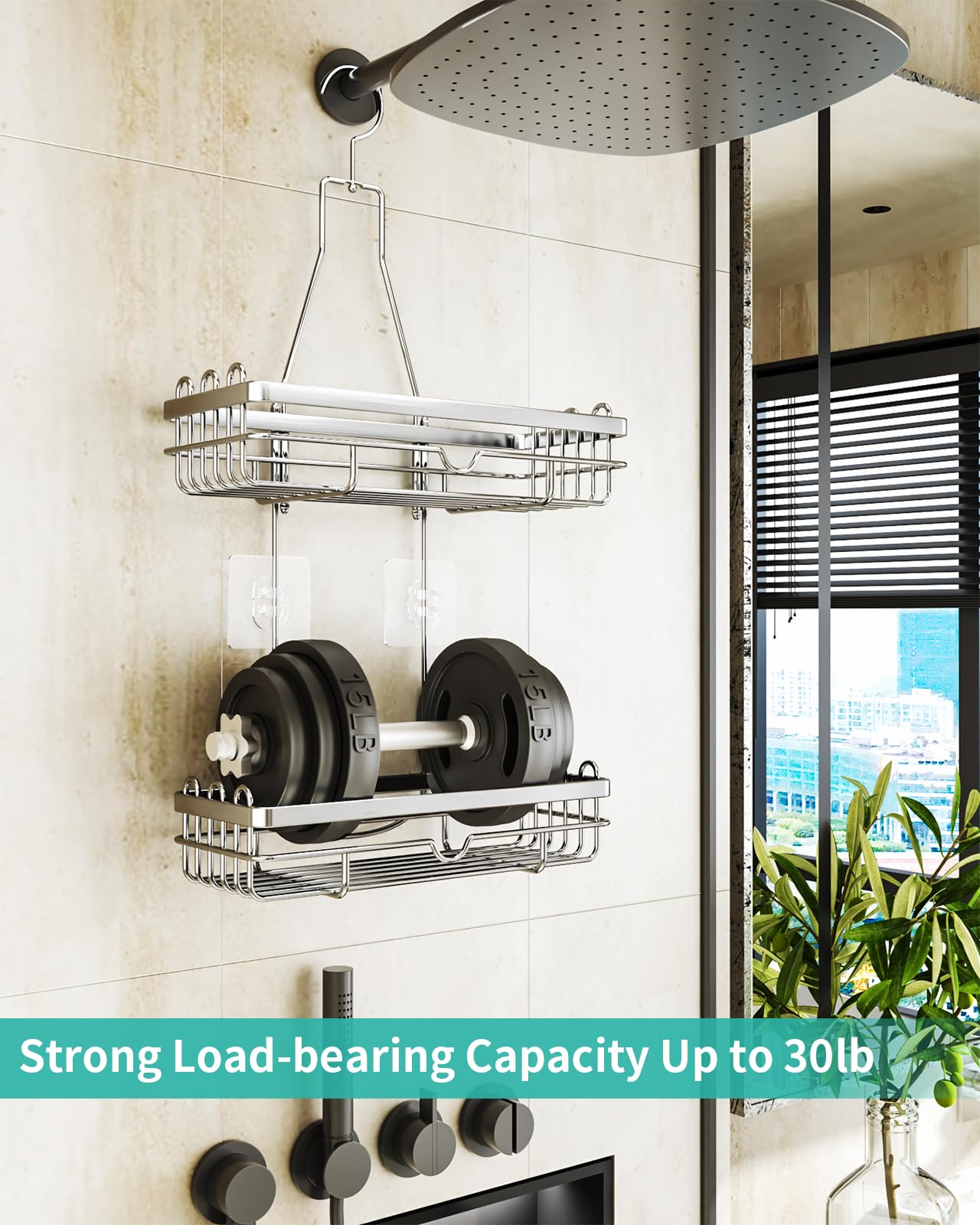 HapiRm hanging shower caddy with multiple hooks - high-quality stainless steel hanging shower shelf without drilling, silver color.
