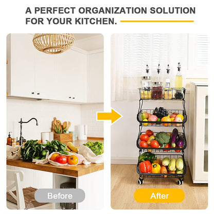 Miyawell fruit basket stand 4 tier fruit stand metal vegetable basket removable fruit holder kitchen storage basket with wheels suction cups, countertop decorative bowls 4 tiered fruit bowl