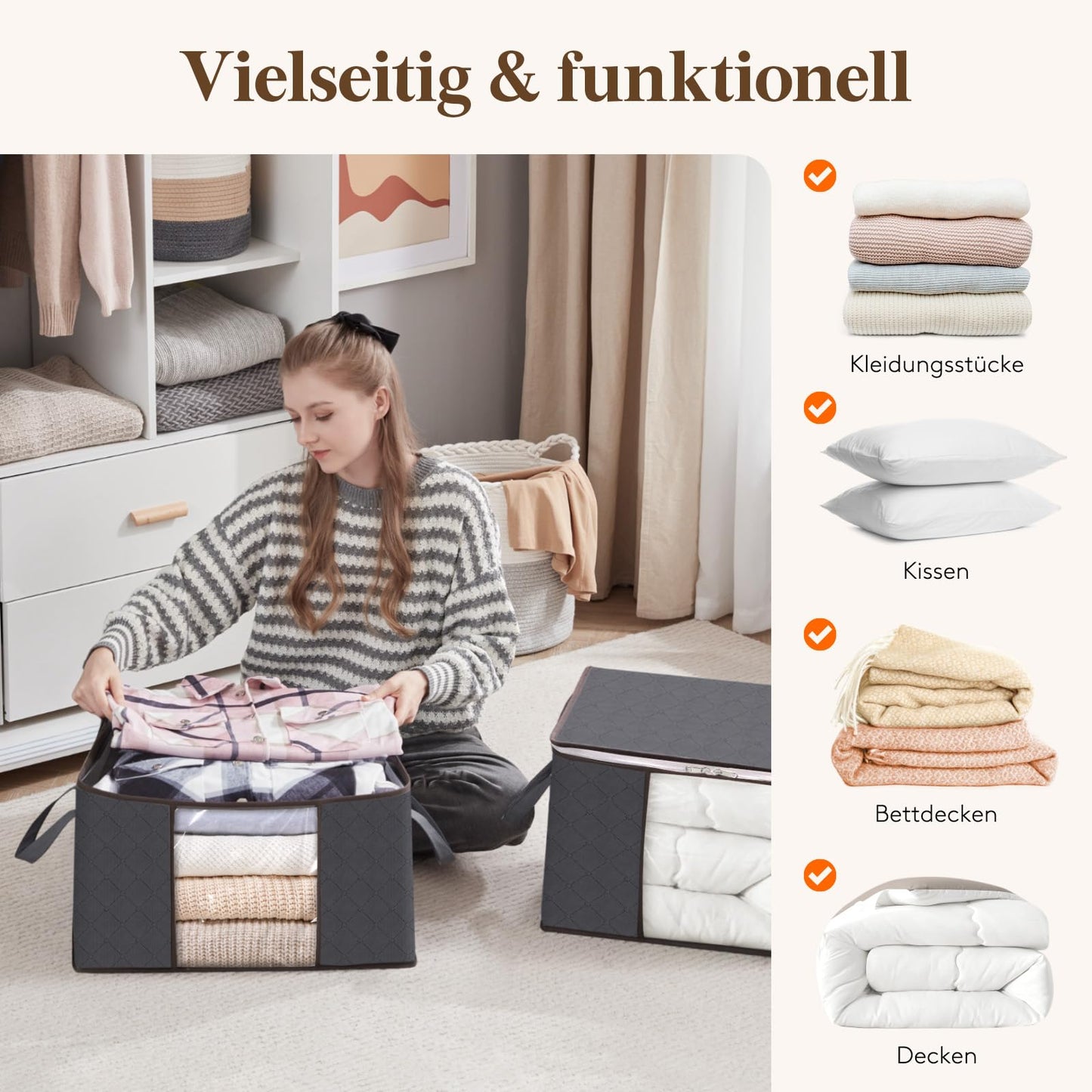 Lifewit 10 Pack Storage Bags, Storage Box with Lid, Closet Organizer Foldable Clothes Storage Moving Boxes with Reinforced Handle for Comforters Clothes Blanket, Gray