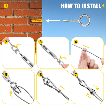 UPDOKIT 62pcs Stainless Steel Wire Rope Set, 50m Wire Rope for climbing plants, 2mm Steel Rope Coated Set with eyes, Rope Tensioner, Wire Rope Clamp for trellis, fences, and DIY projects.