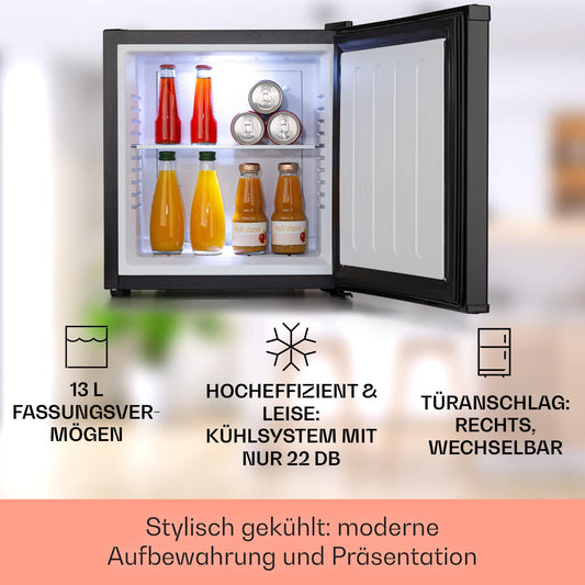 Klarstein mini fridge for rooms, 13L mini fridge for drinks & cosmetics, small minibar, fridge small & quiet, adjustable shelf, small skincare fridge 5-15°C